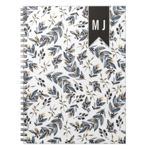 Caderno Espiral Padrão de Monograma de Folhas e Frutas Pretas