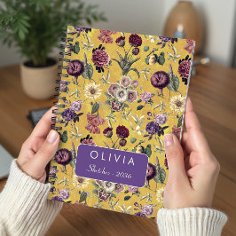 Caderno Espiral Padrão de Monograma Floral Amarelo Vintage