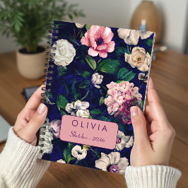 Caderno Espiral Padrão de Monograma Floral Rosa Azul Elegante
