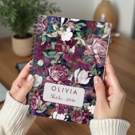 Caderno Espiral Padrão de Monograma Floral Rosa Elegante