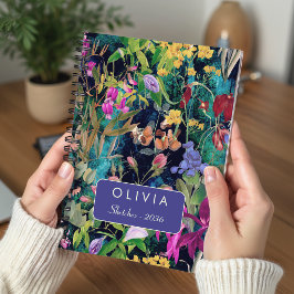 Caderno Espiral Padrão de monograma floral rosa na moda Folhas