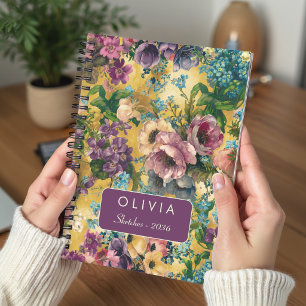 Caderno Espiral Padrão de Monograma Floral Roxo Amarelo Vintage