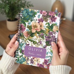 Caderno Espiral Padrão de Monograma Floral Roxo Vintage