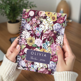 Caderno Espiral Padrão de Monograma Floral Vermelho Elegante