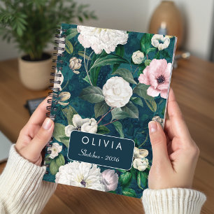 Caderno Espiral Padrão de Monograma Verde Floral Rosa Elegante