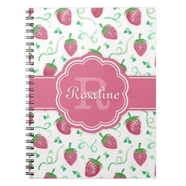 Caderno Espiral Padrão de Morango com Aquarela com Monograma (Frente)