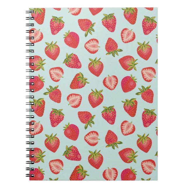 Caderno Espiral Padrão de Morango de Verão Mint e Red (Frente)