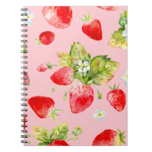Caderno Espiral padrão de morango sem costura de aquarela