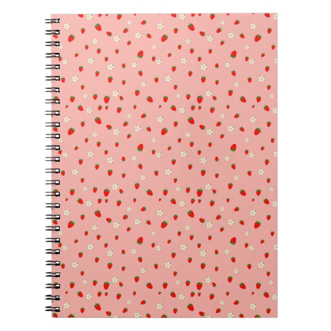 Caderno Espiral Padrão de Morangos e Flores (Frente)