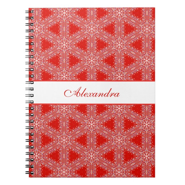 Caderno Espiral Padrão de Natal Floco de Neve Personalizado Vermel (Frente)
