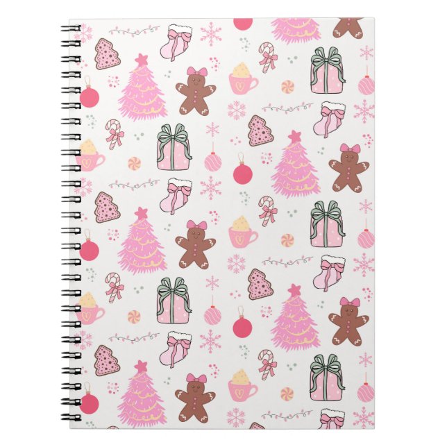Caderno Espiral Padrão de Natal Rosa (Frente)
