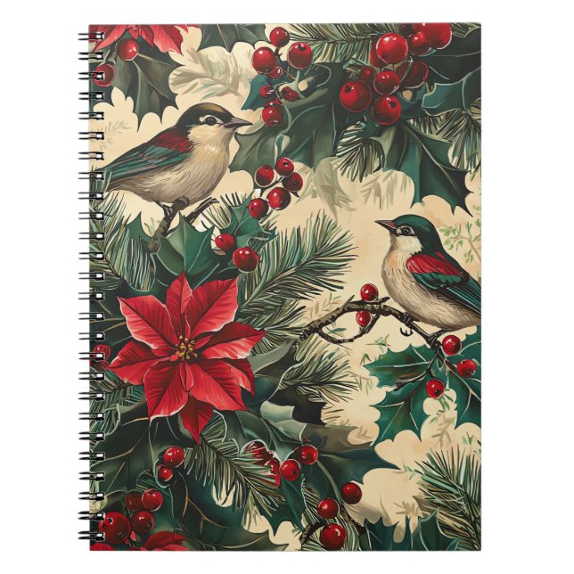 Caderno Espiral Padrão de Natal Rustic Bird and Poinsettia (13) (Frente)