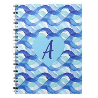 Caderno Espiral Padrão de Onda de Aquarela de Fluxo Oceânico