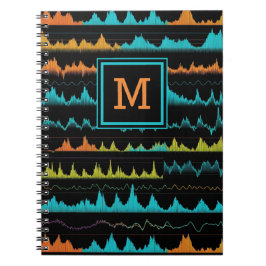 Caderno Espiral Padrão de Onda Sonora Abstrata Retro Monograma