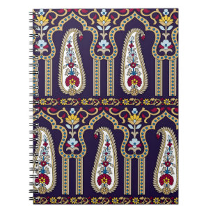 Caderno Espiral Padrão de paisagem tradicional geométrico com bord