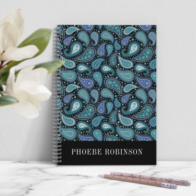Caderno Espiral Padrão de Paisley Azul Retro Elegante (Elegant Retro Blue Paisley Pattern Notebook)