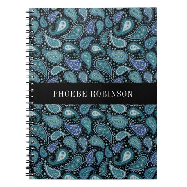 Caderno Espiral Padrão de Paisley Azul Retroativo Moderno (Frente)