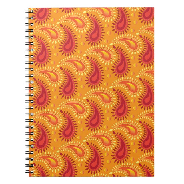 Caderno Espiral Padrão de Paisley Persa Laranja Oriental (Frente)