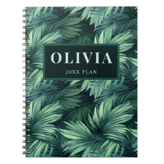 Caderno Espiral Padrão de palmeiras tropicais da selva verde-branc