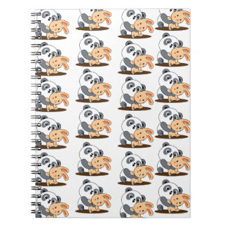 Caderno Espiral Padrão de Panda Fofo Abraçando Coelho