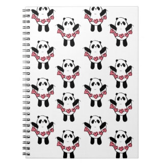 Caderno Espiral Padrão de Panda Fofo Segurando Corações