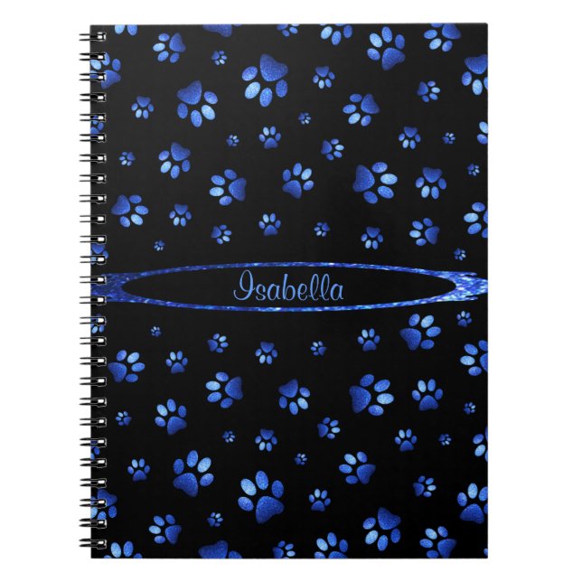 Caderno Espiral Padrão de pata de cão brilhante azul Monograma (Frente)