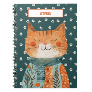 Caderno Espiral Padrão de Pata de Gato Bonito no nome personalizad