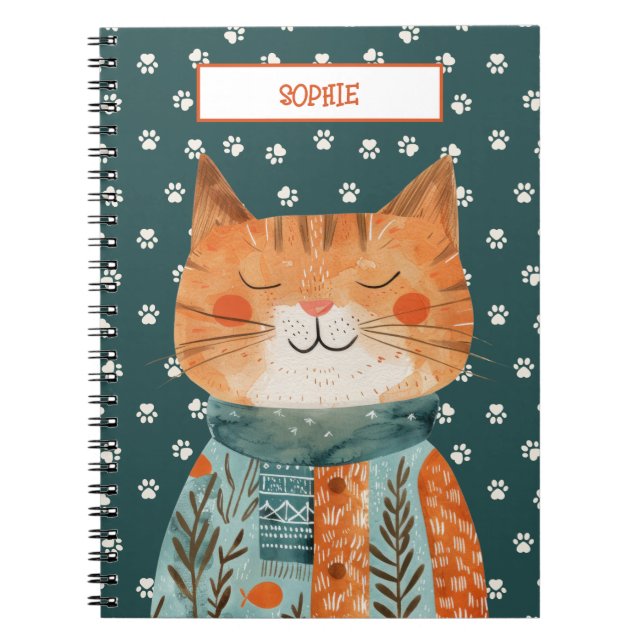 Caderno Espiral Padrão de Pata de Gato Bonito no nome personalizad (Frente)