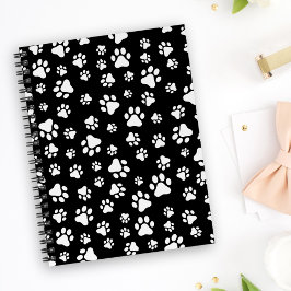 Caderno Espiral Padrão de patas, impressões de pata, preto e branc