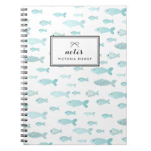 Caderno Espiral Padrão de Peixe em Aquarela Azul Pastel Personaliz