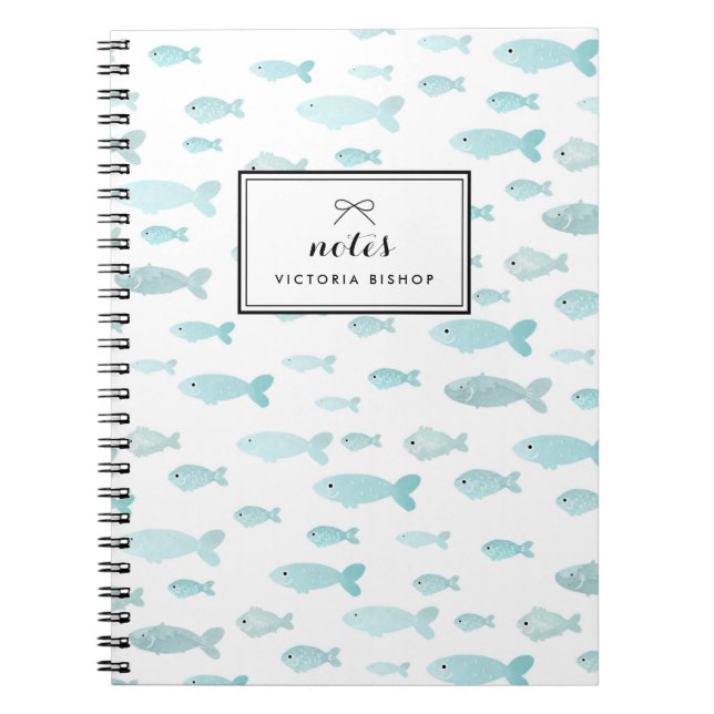 Caderno Espiral Padrão de Peixe em Aquarela Azul Pastel Personaliz (Frente)
