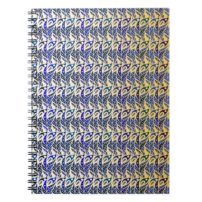 Caderno Espiral Padrão de penas de pavão azul e dourado (Frente)