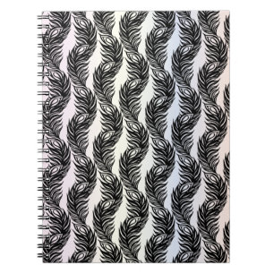 Caderno Espiral Padrão de penas de peacock abstrato preto-e-branc
