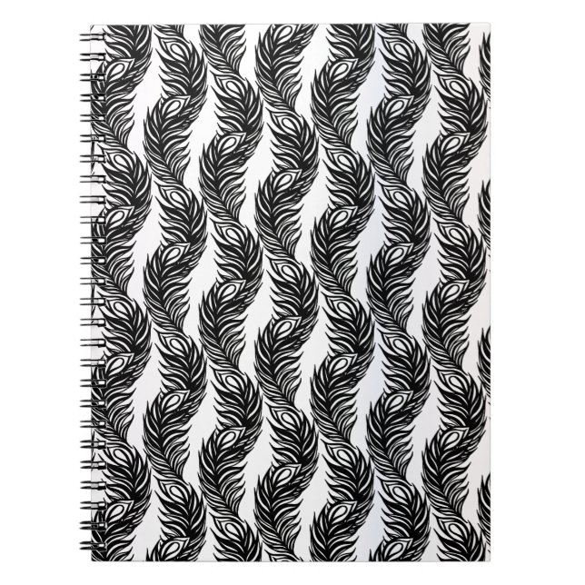 Caderno Espiral Padrão de penas de peacock abstrato preto-e-branco (Frente)