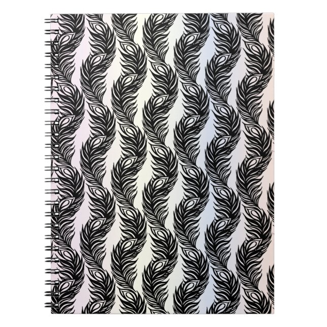 Caderno Espiral Padrão de penas de peacock abstrato preto-e-branco (Frente)