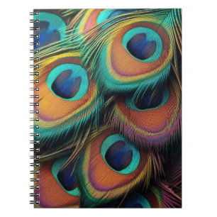 Caderno Espiral Padrão de Penas de Peacock Coloridas Vintage