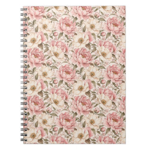 Caderno Espiral Padrão de Peônias Floridas Vintage