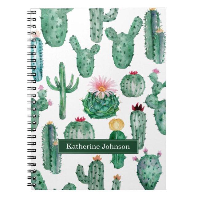 Caderno Espiral Padrão De Plantas De Flores De Cactus Com Aquarela (Frente)