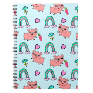 Caderno Espiral Padrão de Porcos e Arco-íris Fofo e Excêntrico
