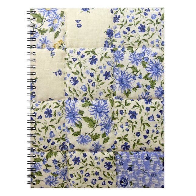 Caderno Espiral Padrão de Quilt Floral Azul Antigo (Frente)
