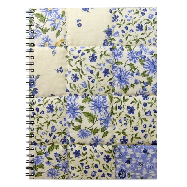 Caderno Espiral Padrão de Quilt Floral Azul Antigo (Frente)