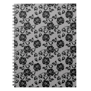 Caderno Espiral Padrão de rendas pretas sobre fundo branco
