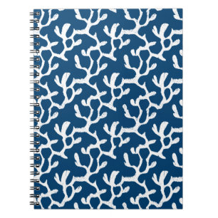 Caderno Espiral Padrão De Repetição De Coral Abstrato Azul E Branc