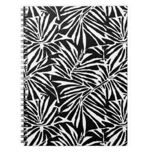 Caderno Espiral Padrão de repetição de folha tropical preto e bran