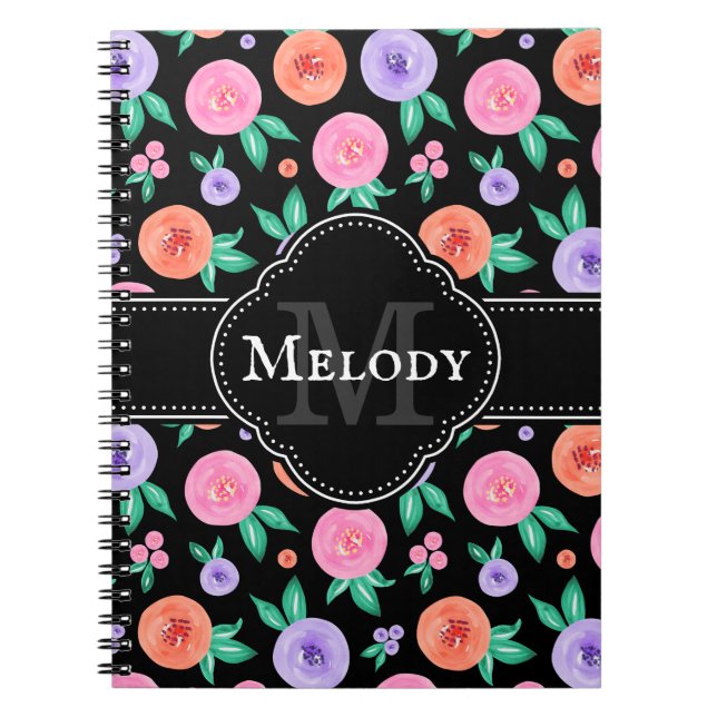 Caderno Espiral Padrão de Rosa de Aquarela Rosa / Roxo em Preto (Frente)