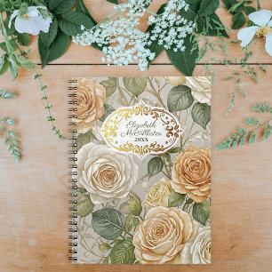 Caderno Espiral Padrão de Rosa Floral Elegante com Quadro de Ornam