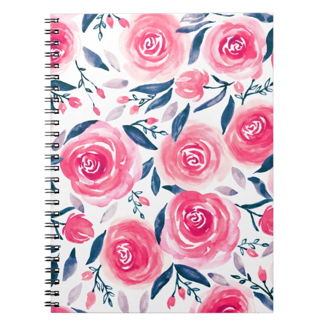 Caderno Espiral Padrão de Rosas de Aquarela Floral Rosa (Frente)