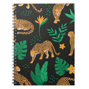 Caderno Espiral Padrão de safra com leopardos e folhas tropicais 