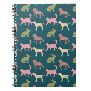Caderno Espiral Padrão de Silhuetas de Animais Cachorro Gato Caval