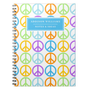 Caderno Espiral Padrão de Sinal de Paz Roxo Azul de Nome Personali